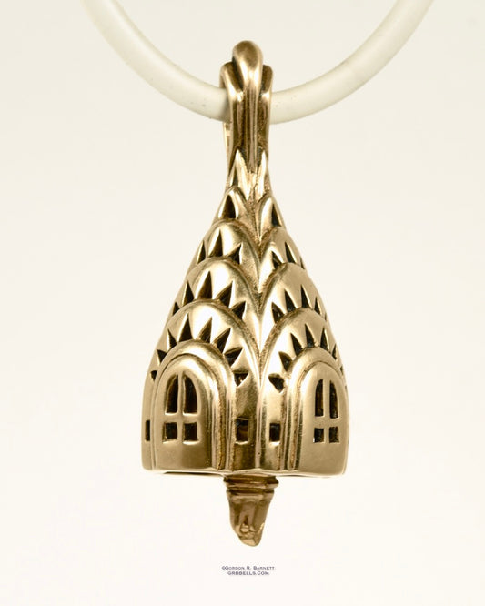 chrisler building bell necklace in bronze is 30 mm tall. (front view) his handmade pendant is made with lost wax casting, then polished and assembled in Washington state. suitable for architect