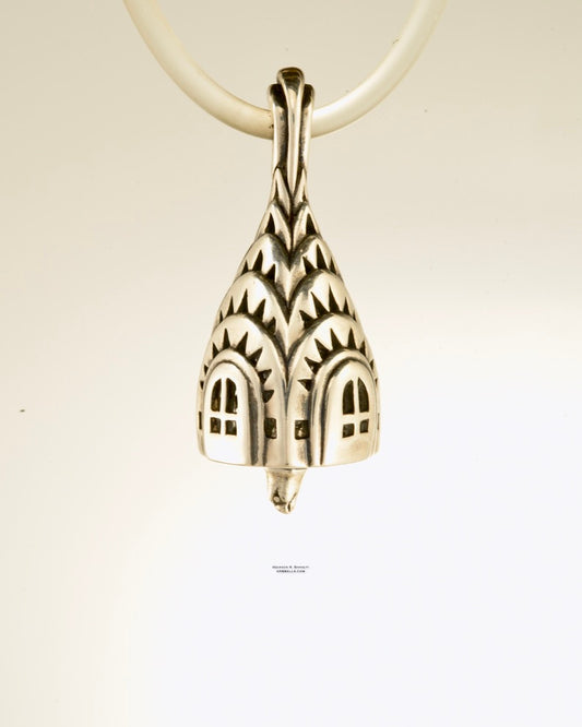 chrisler building bell necklace in sterling silver is 45 mm tall. (front view) his handmade pendant is made with lost wax casting, then polished and assembled in Washington state. suitable for architect