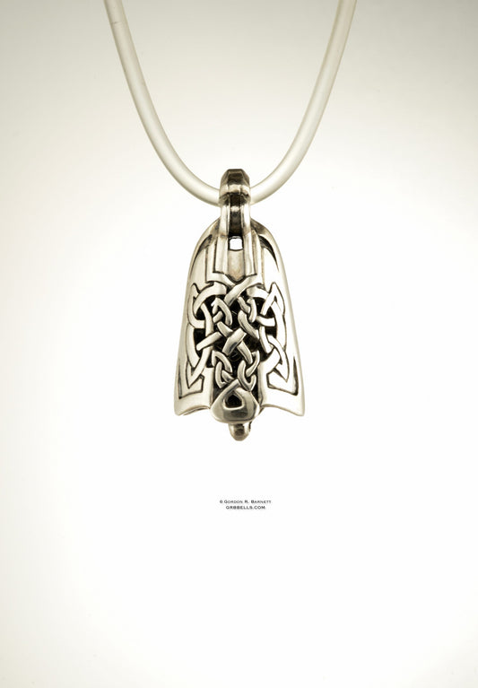 CELTIC LUTE jewelry bell necklace front view in sterling silver is a handmade pendant is made with lost wax casting, then polished and assembled in Washington state perfect gift for celtic musician 