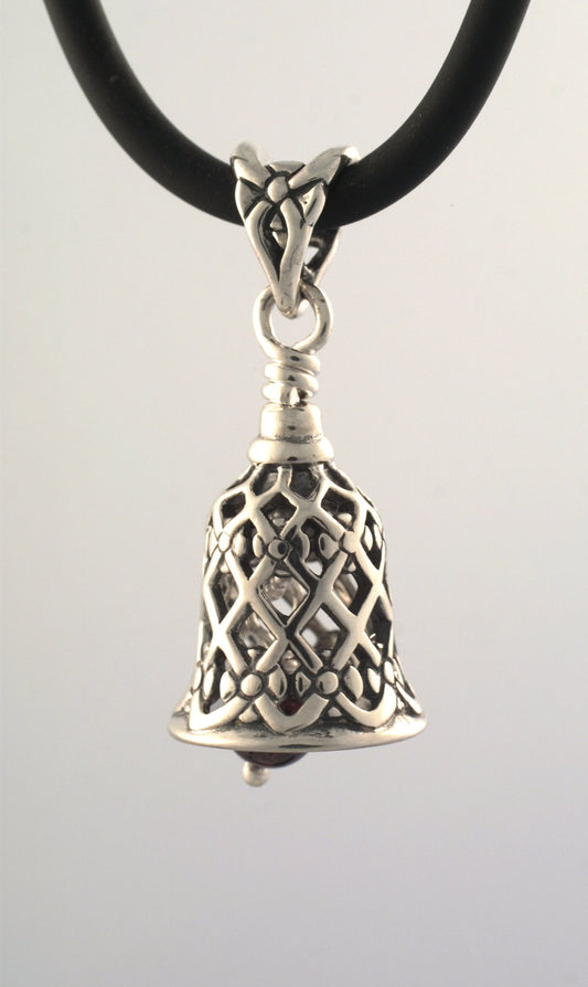 Bell Necklace in Sterling silver is 14 mm tall. This handmade pendant is made with lost wax casting, then polished and assembled in Washington state. suitable for lace & bride