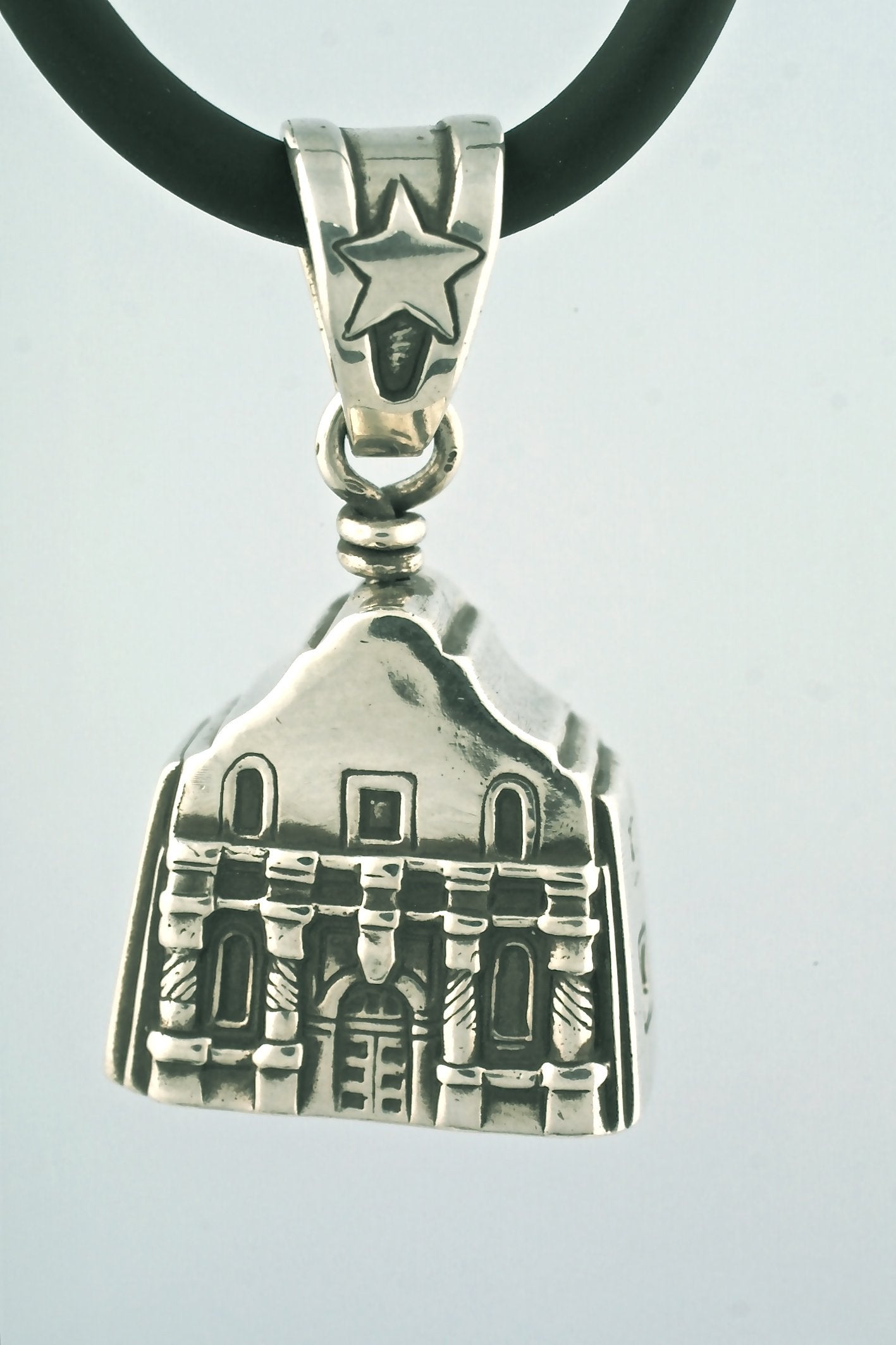 Alamo jewelry bell necklace in sterling silver, front view, architectural jewelry
