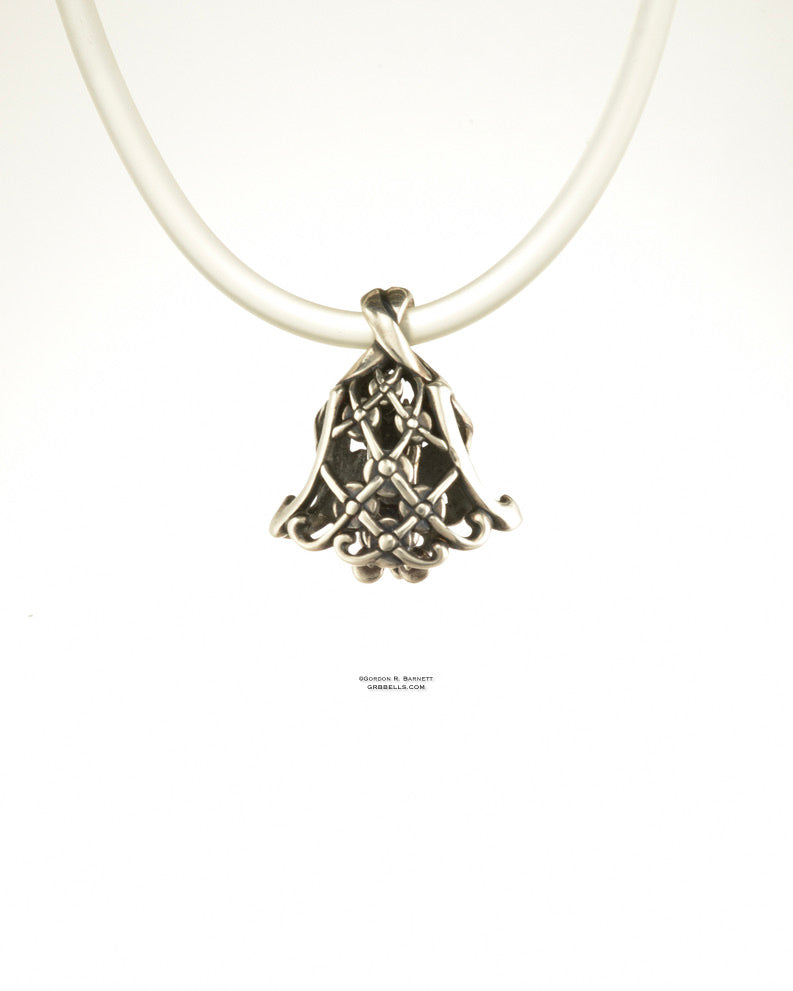 chantilly jewelry bell necklace in sterling silver (frnt view) is handmade pendant is made with lost wax casting, then polished and assembled in Washington state perfect gift for lace