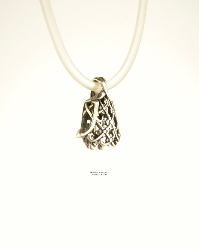 chantilly jewelry bell necklace in sterling silver (frnt left Three-quarter view) is handmade pendant is made with lost wax casting, then polished and assembled in Washington state perfect gift for lace