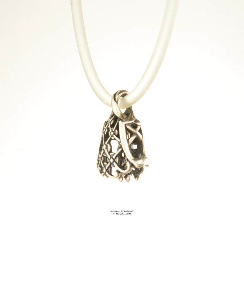 chantilly jewelry bell necklace in sterling silver (left three-quarter view) is handmade pendant is made with lost wax casting, then polished and assembled in Washington state perfect gift for lace