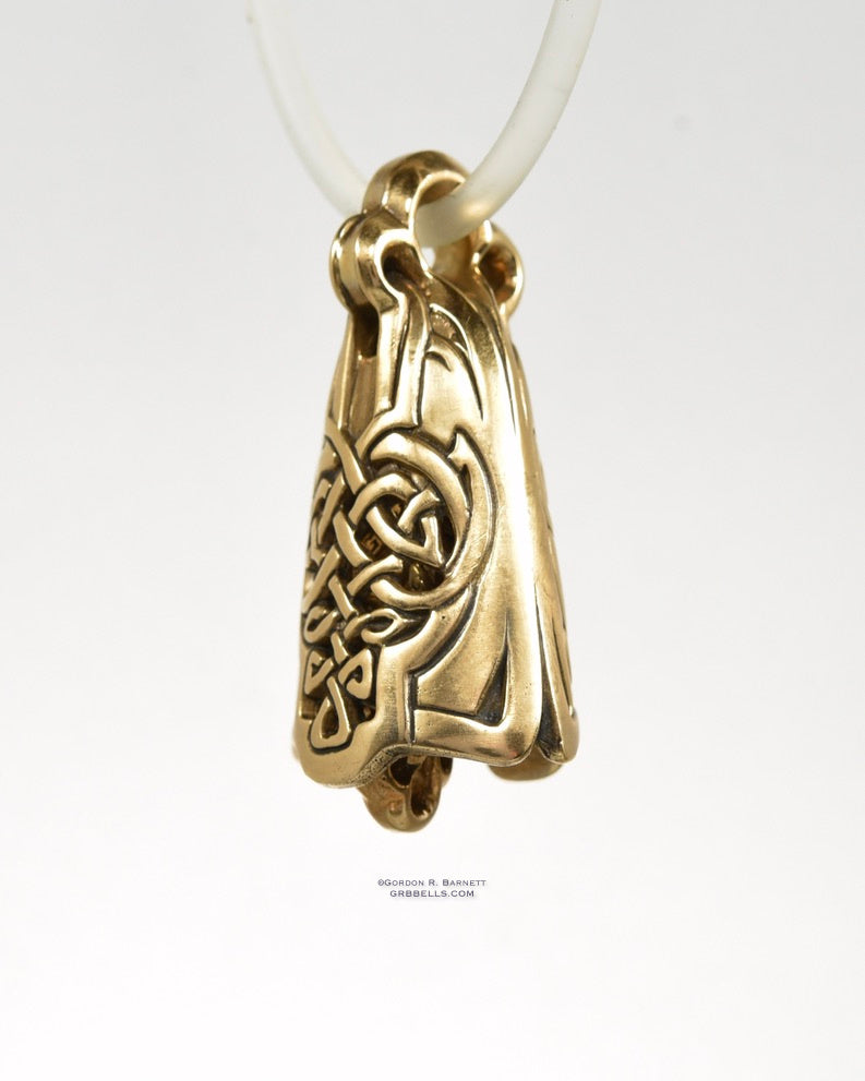 CELTIC LUTE jewelry bell necklace three-quarter view in sterling silver is a handmade pendant in bronze is made with lost wax casting, then polished and assembled in Washington state perfect gift for celtic musician 