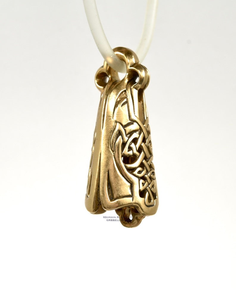 CELTIC LUTE jewelry bell necklace back three=quarter view in sterling silver is a handmade pendant in bronze is made with lost wax casting, then polished and assembled in Washington state perfect gift for celtic musician 