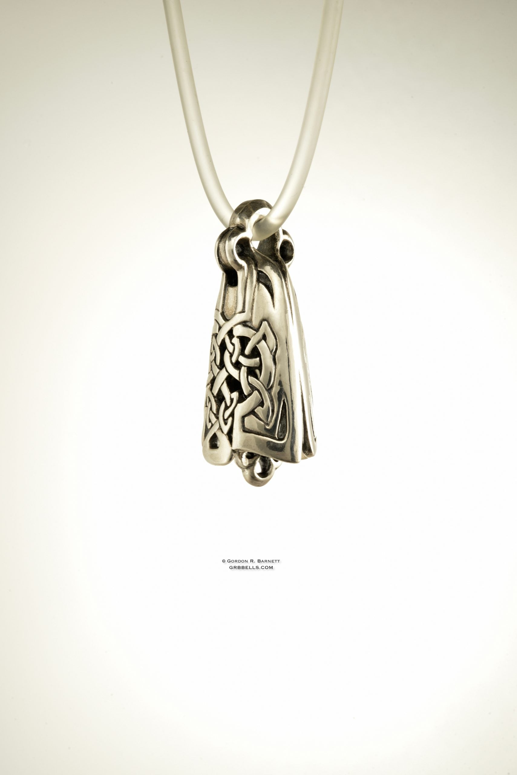 CELTIC LUTE jewelry bell necklace three-quarter view in sterling silver is a handmade pendant is made with lost wax casting, then polished and assembled in Washington state perfect gift for celtic musician 